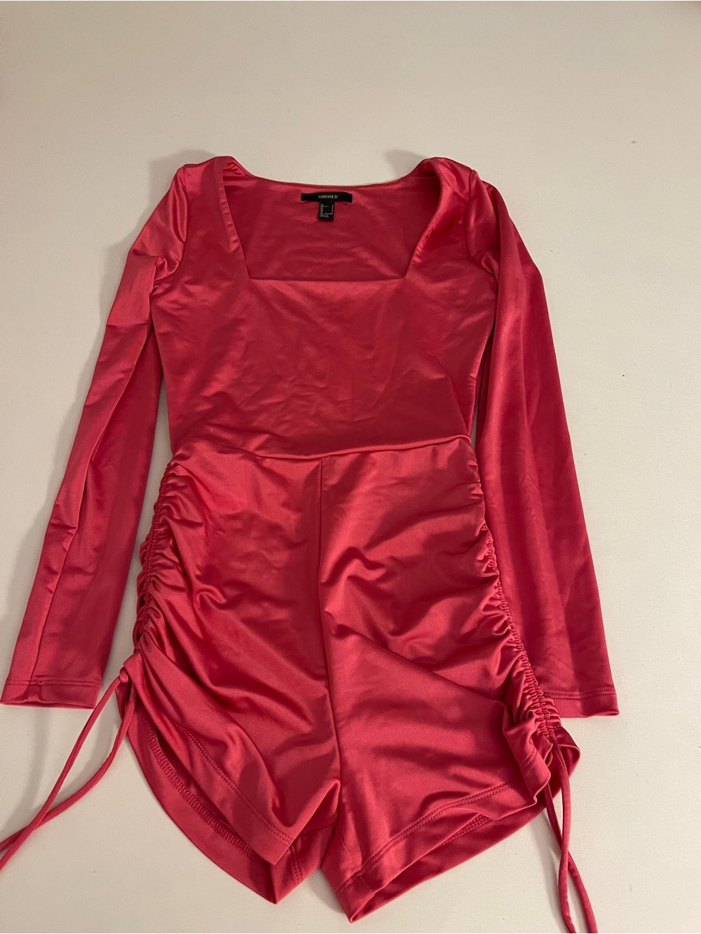 Forever 21 Satin Long-Sleeve Ruched Romper - Hot Pink